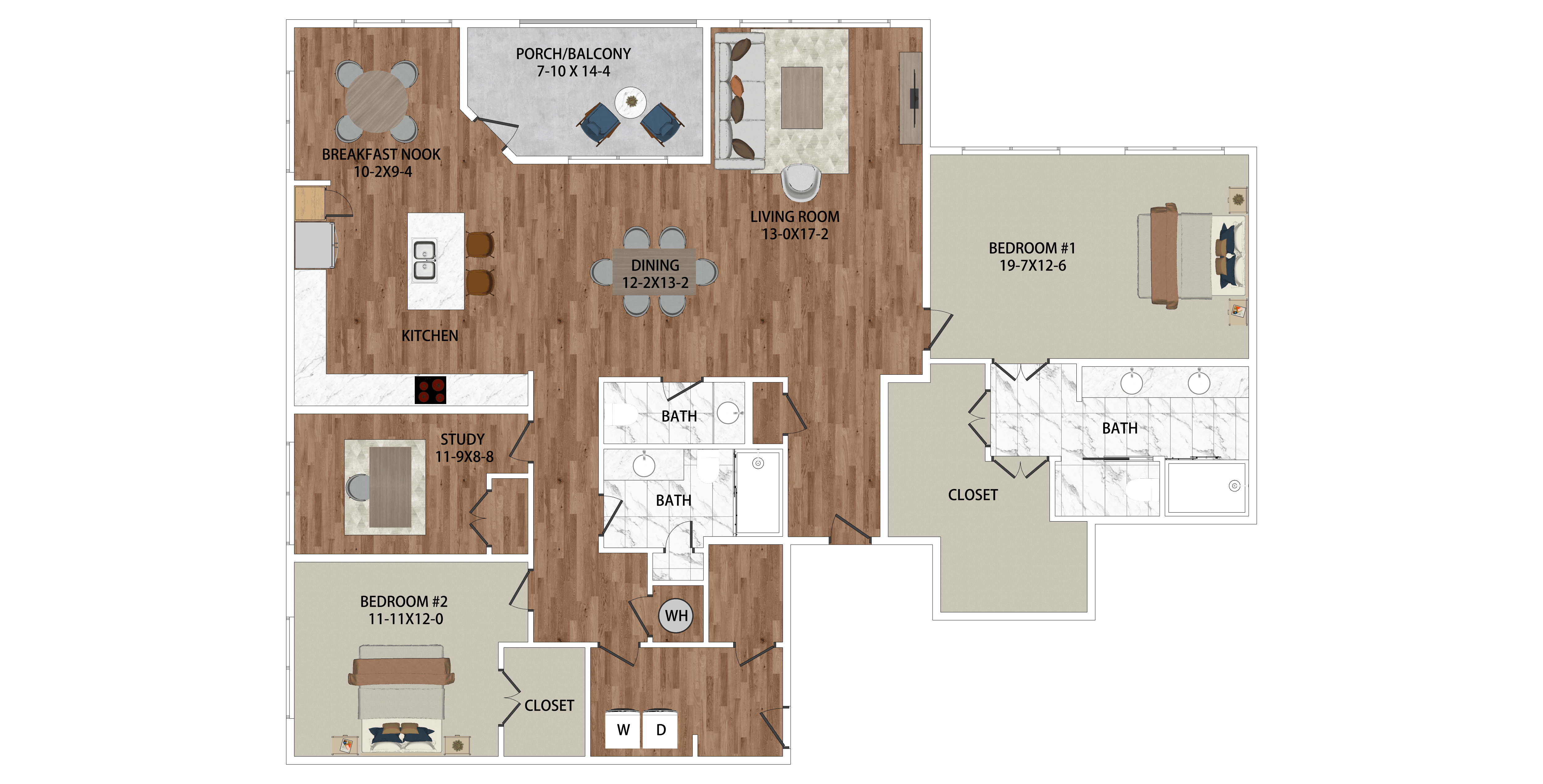 Floor plan for 2 beds, 2.5 baths, 2110 sqft